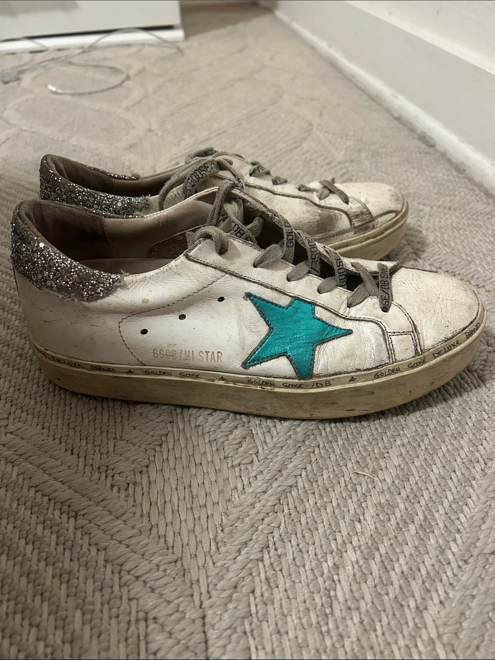 Golden Goose White Leather Sneakers with Teal Star and Silver Glitter Heel